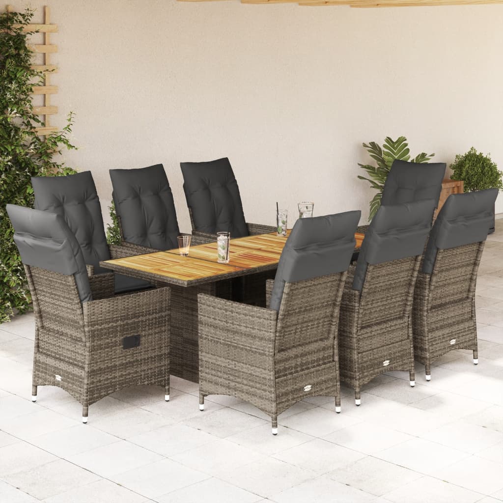 JUNG Vida 9-tlg. Garten-Essgruppe mit Kissen Grau Poly Rattan