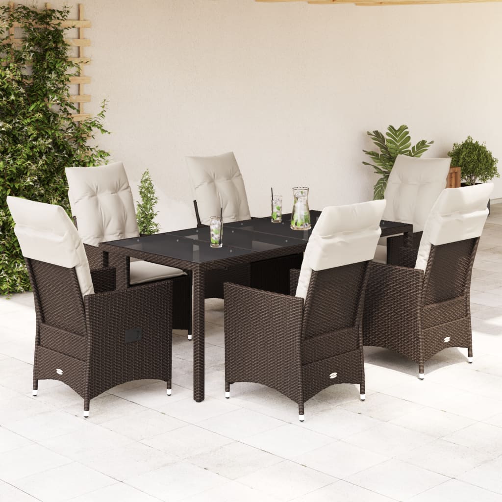 JUNG Vida 7-tlg. Garten-Essgruppe mit Kissen Braun Poly Rattan