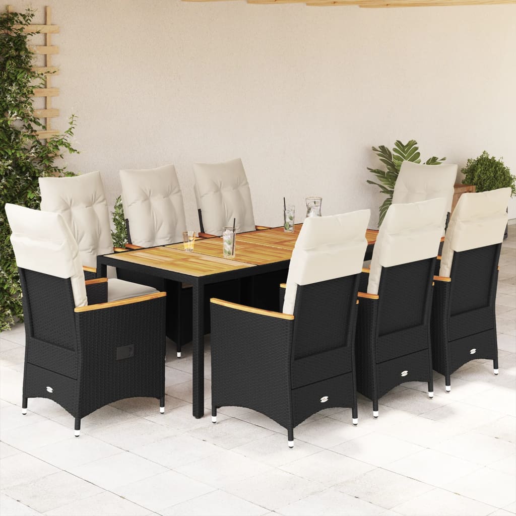 JUNG Vida 9-tlg. Garten-Essgruppe mit Kissen Schwarz Poly Rattan