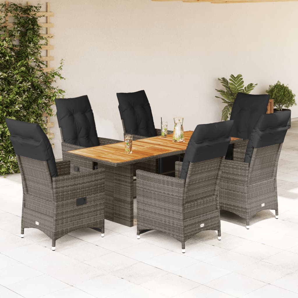 JUNG Vida 7-tlg. Garten-Bistro-Set mit Kissen Grau Poly Rattan