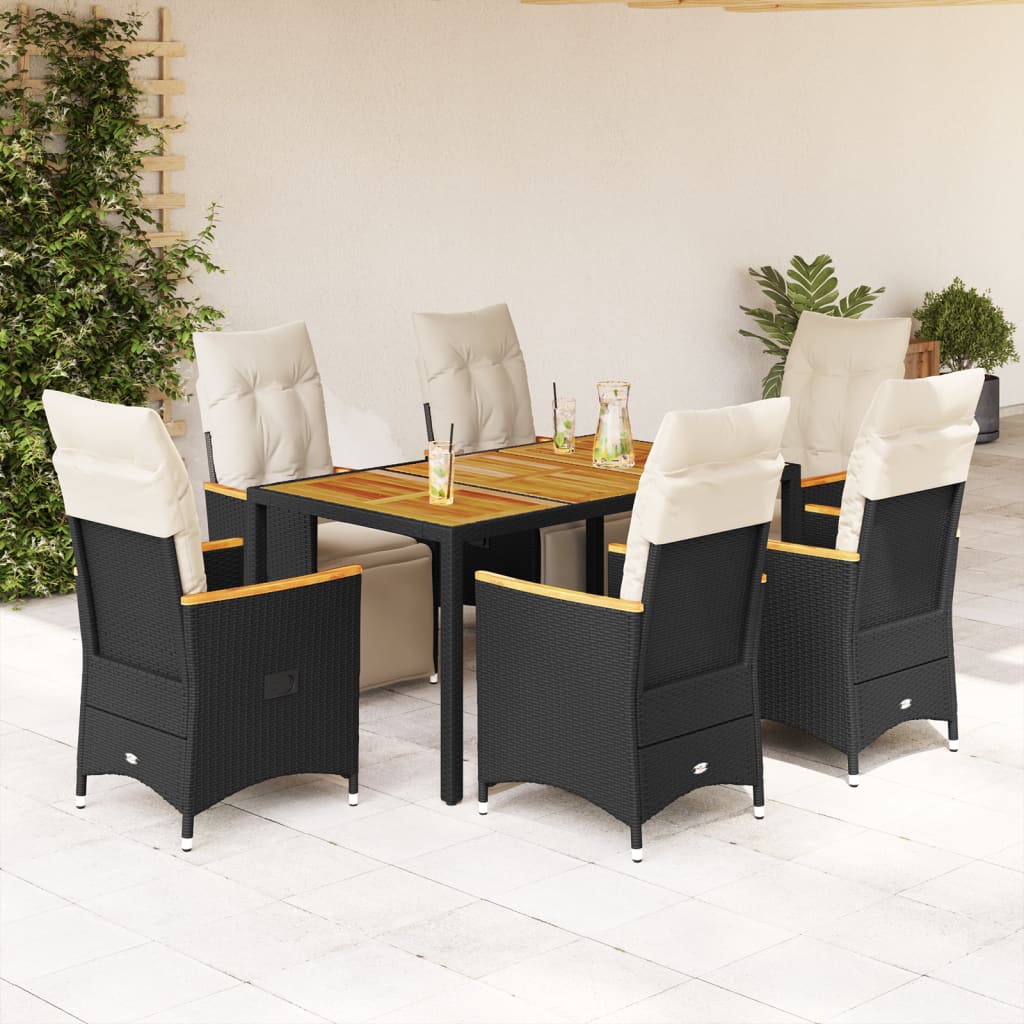 JUNG Vida 7-tlg. Garten-Bistro-Set mit Kissen Schwarz Poly Rattan