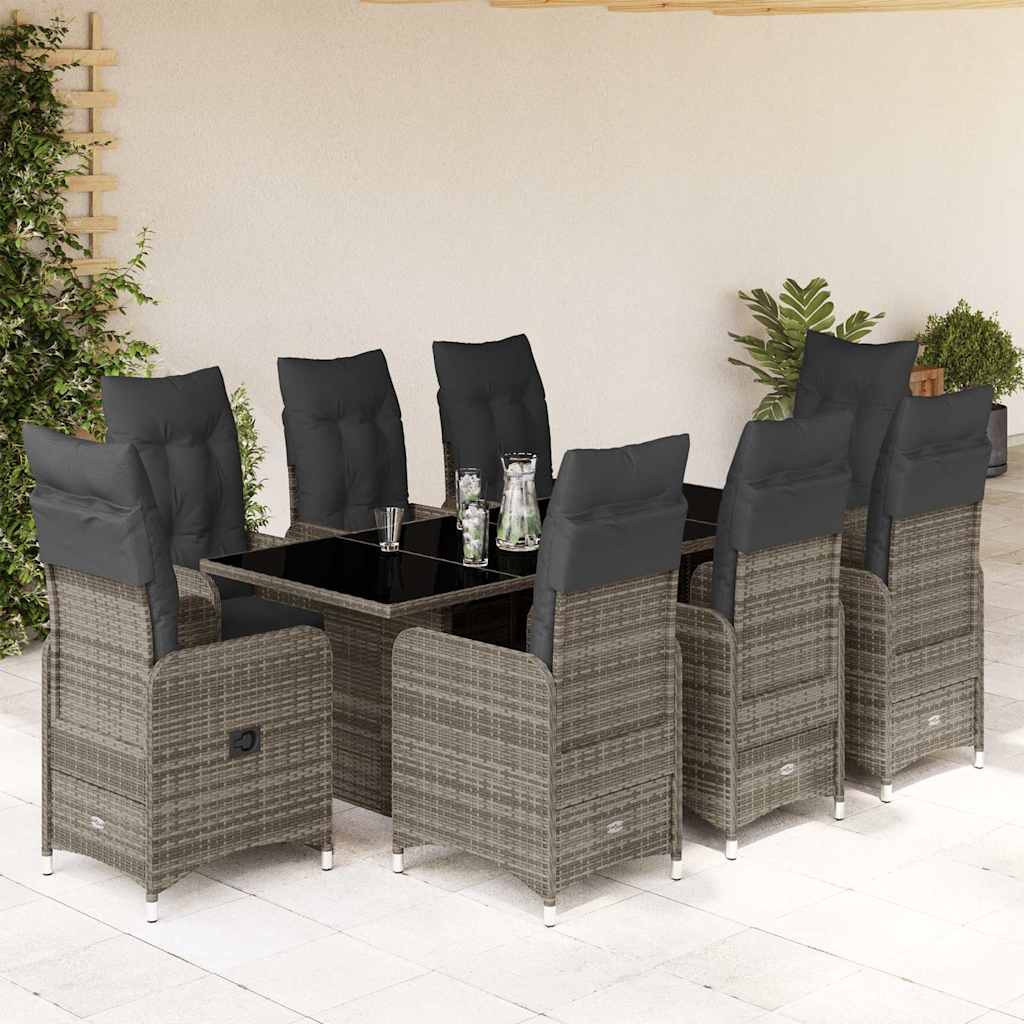 JUNG Vida 9-tlg. Garten-Bistro-Set mit Kissen Grau Poly Rattan