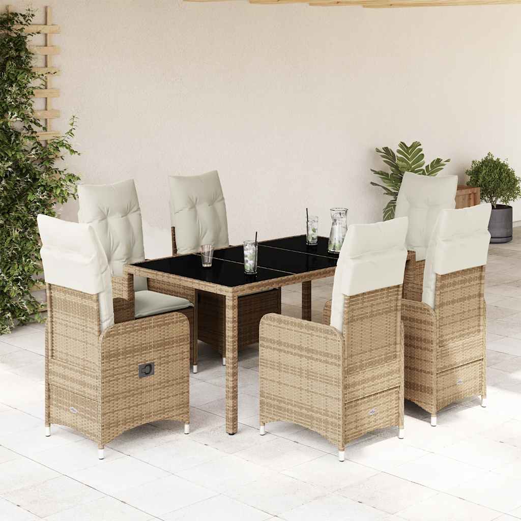 JUNG Vida 7-tlg. Garten-Bistro-Set mit Kissen Beige Poly Rattan