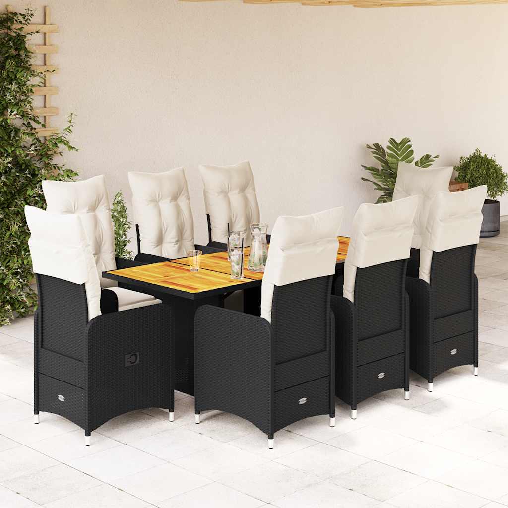 JUNG Vida 9-tlg. Garten-Bistro-Set mit Kissen Schwarz Poly Rattan