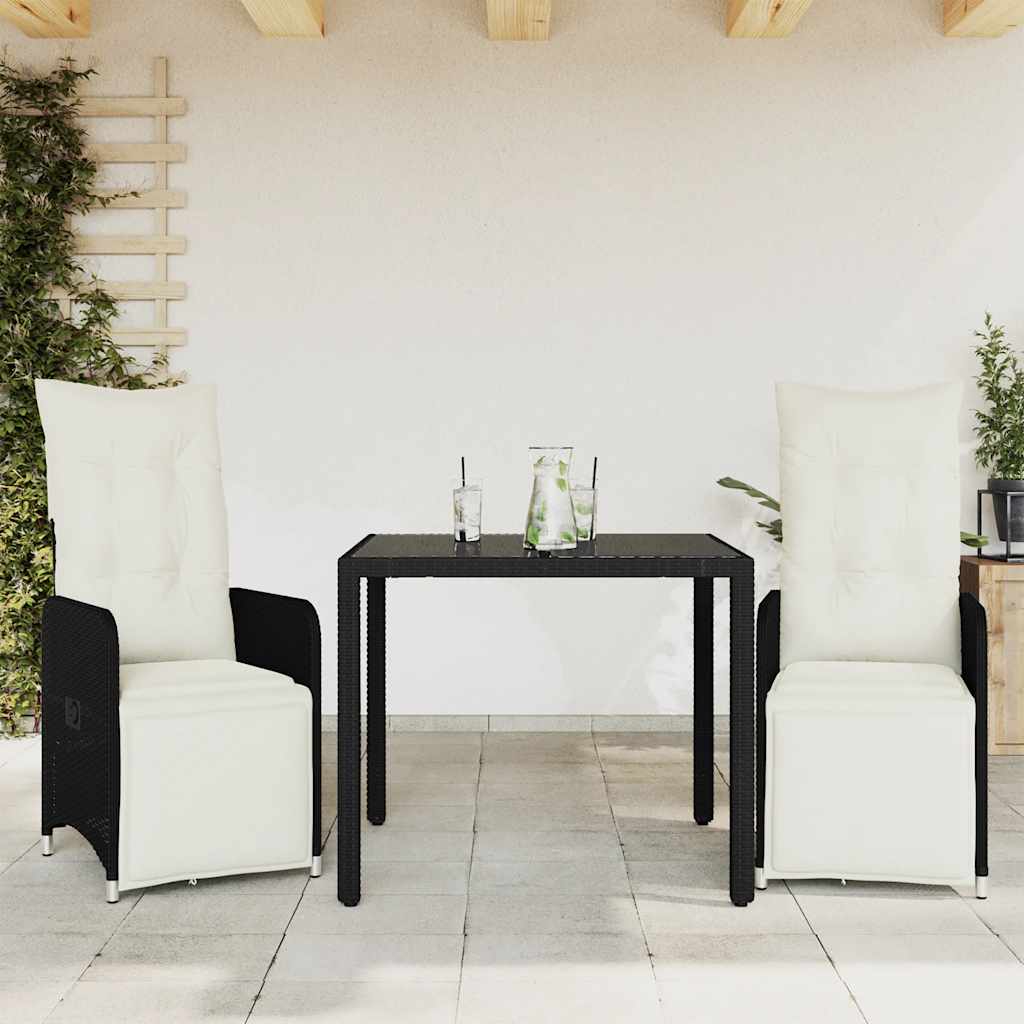 JUNG Vida 3-tlg. Garten-Bistro-Set mit Kissen Schwarz Poly Rattan