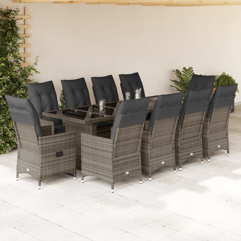 JUNG Vida 11-tlg. Garten-Bistro-Set mit Kissen Grau Poly Rattan