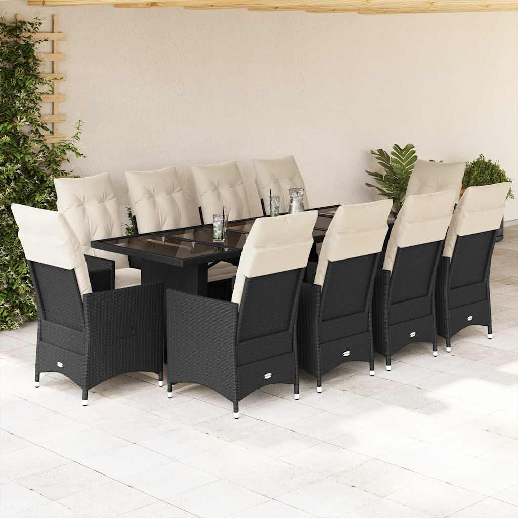 JUNG Vida 11-tlg. Garten-Bistro-Set mit Kissen Schwarz Poly Rattan
