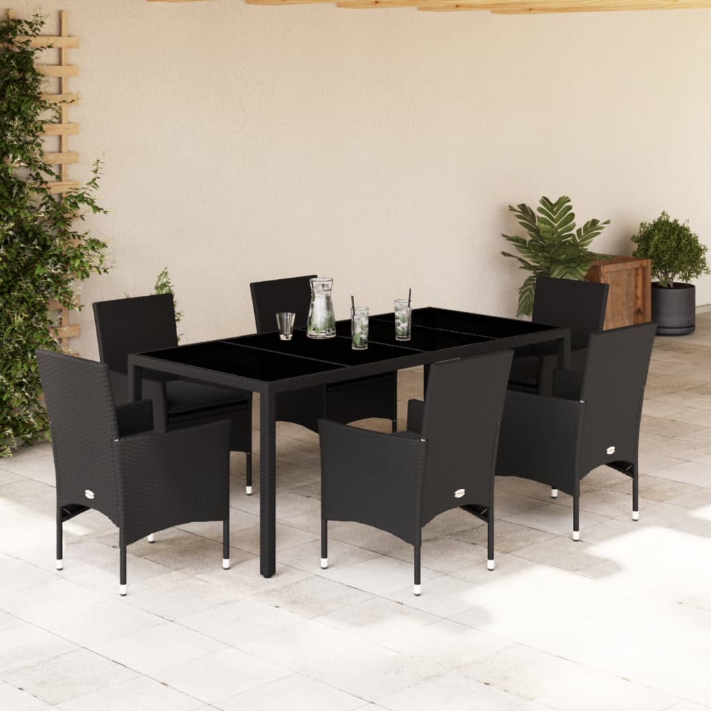 JUNG Vida 7-tlg. Garten-Essgruppe mit Kissen Schwarz Poly Rattan Glas