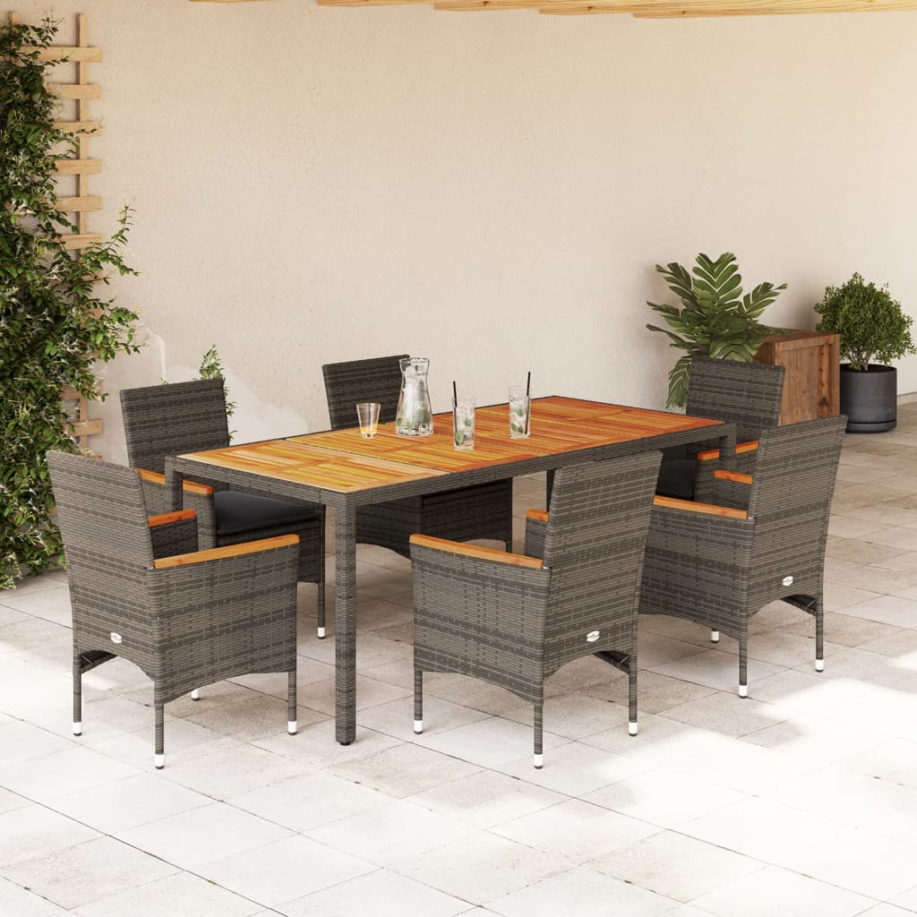 JUNG Vida 7-tlg. Garten-Essgruppe mit Kissen Grau Poly Rattan Akazie