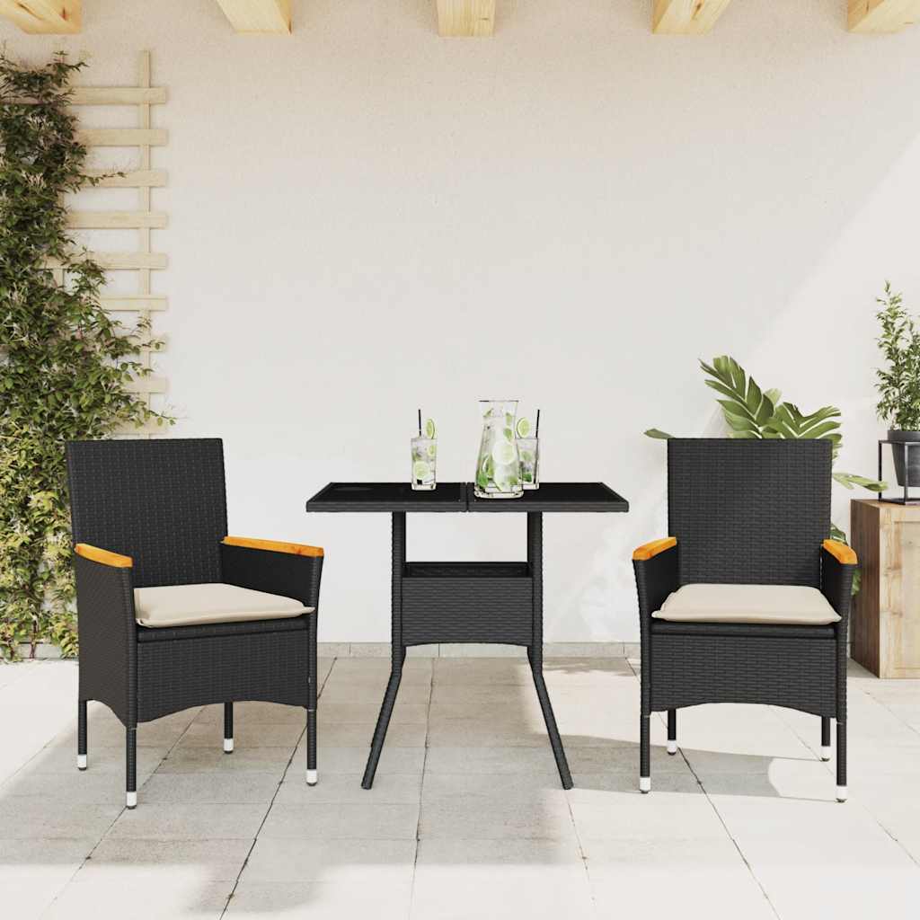 JUNG Vida 3-tlg. Garten-Essgruppe mit Kissen Schwarz Poly Rattan Glas