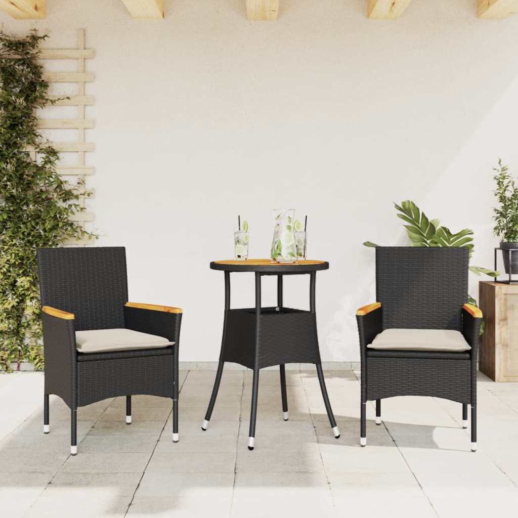 JUNG Vida 3-tlg. Garten-Essgruppe mit Kissen Schwarz Poly Rattan Akazie