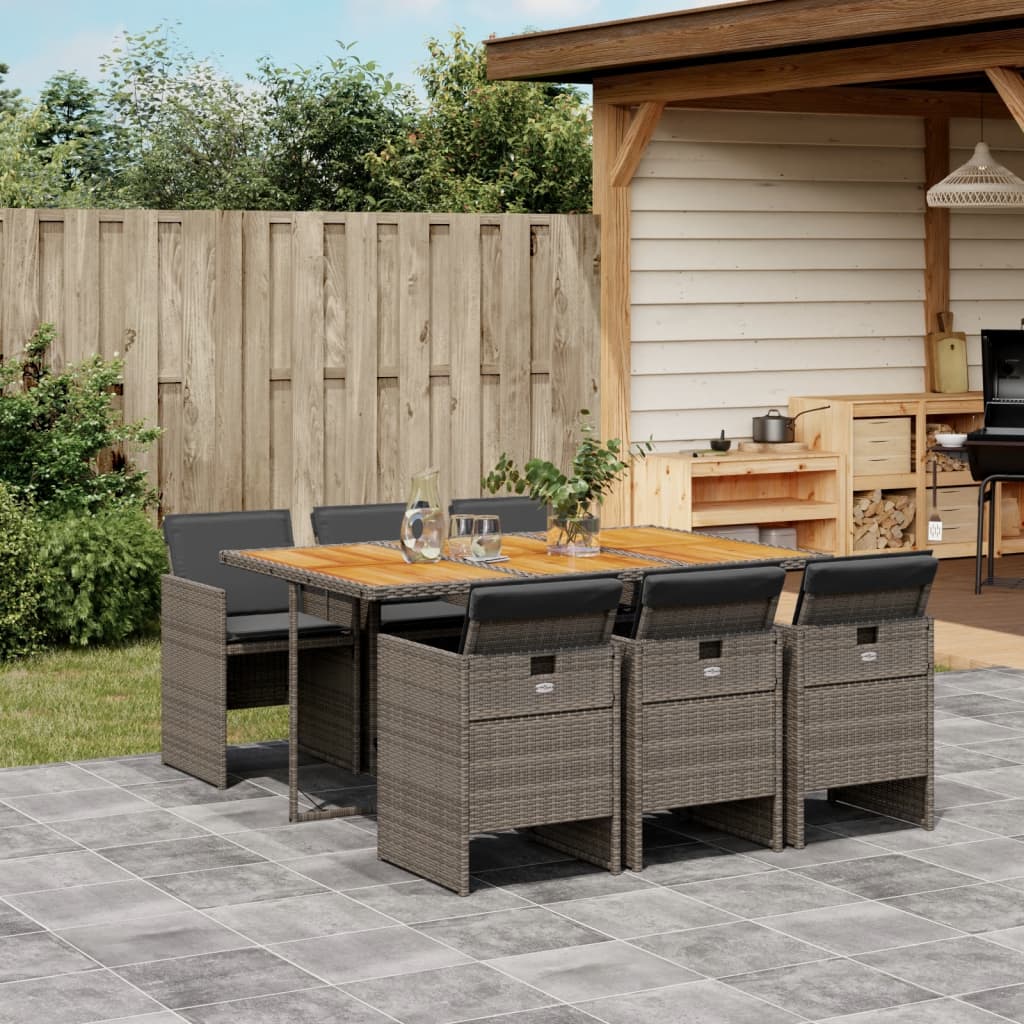 JUNG Vida 7-tlg. Garten-Essgruppe mit Kissen Grau Poly Rattan