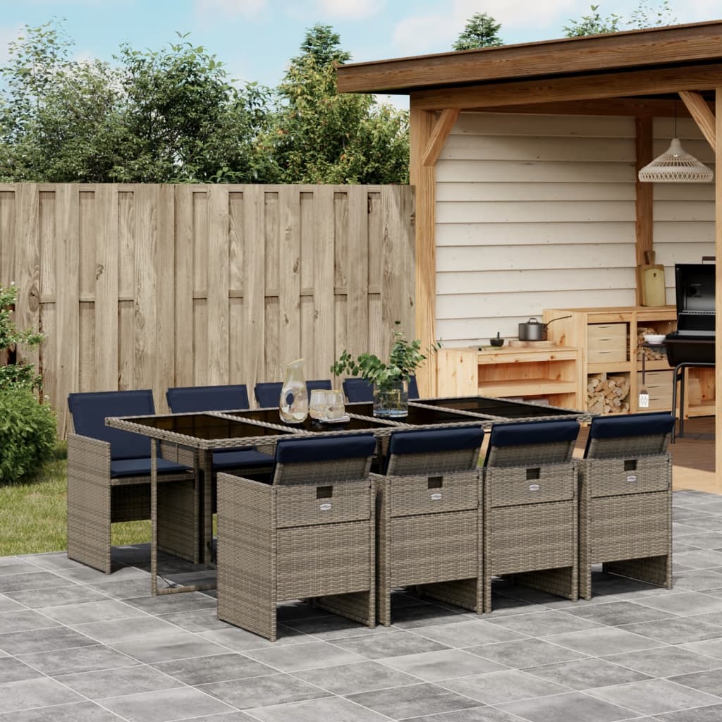 JUNG Vida 9-teiliges Garten-Ess-Set mit Kissen, grau, Polyrattan