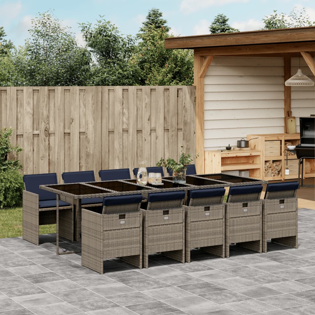 JUNG Vida 11-teiliges Garten-Ess-Set mit Kissen, grau, Polyrattan