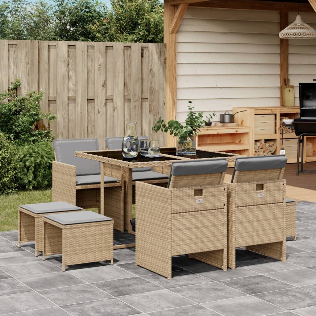 JUNG Vida 9-tlg. Garten-Essgruppe mit Kissen Beigemischung Poly Rattan