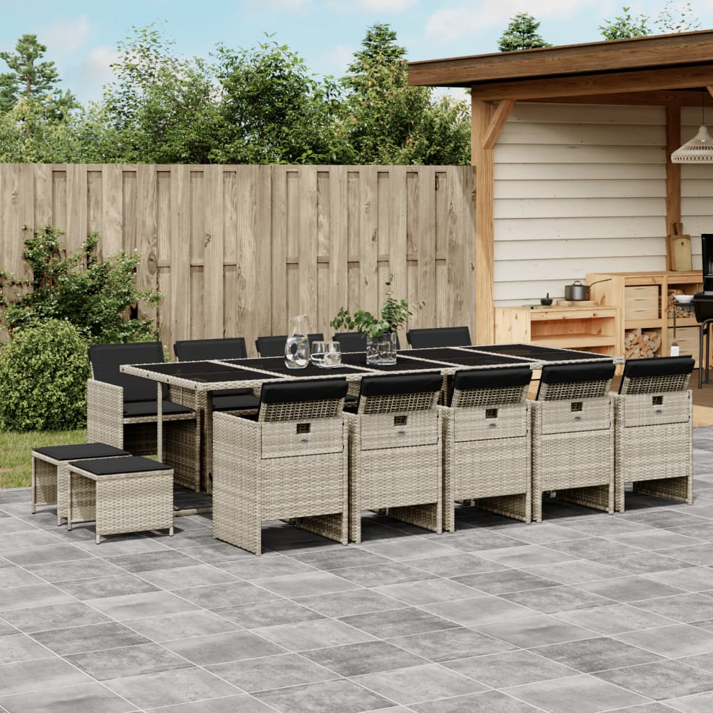 JUNG Vida 15-tlg. Garten-Essgruppe mit Kissen Hellgrau Poly Rattan