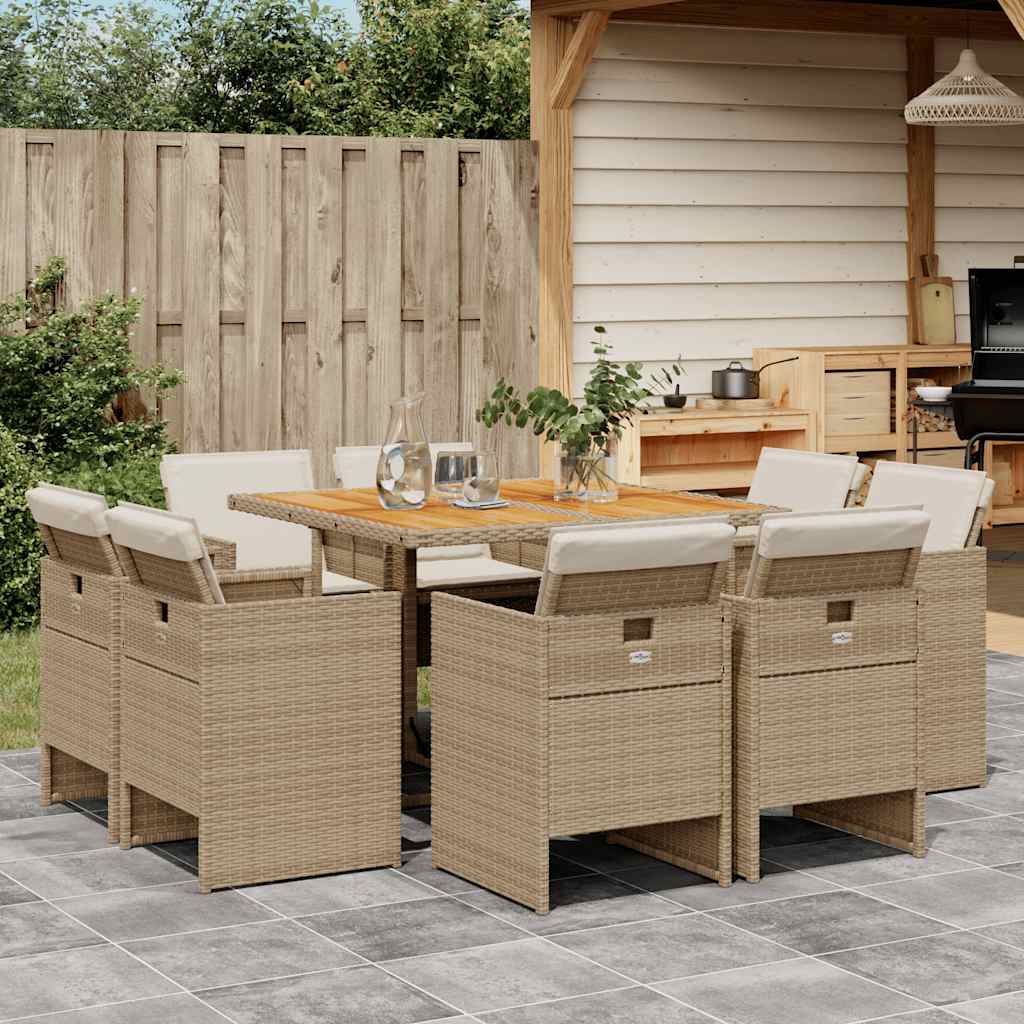 JUNG Vida 9-tlg. Garten-Essgruppe mit Kissen Beige Poly Rattan