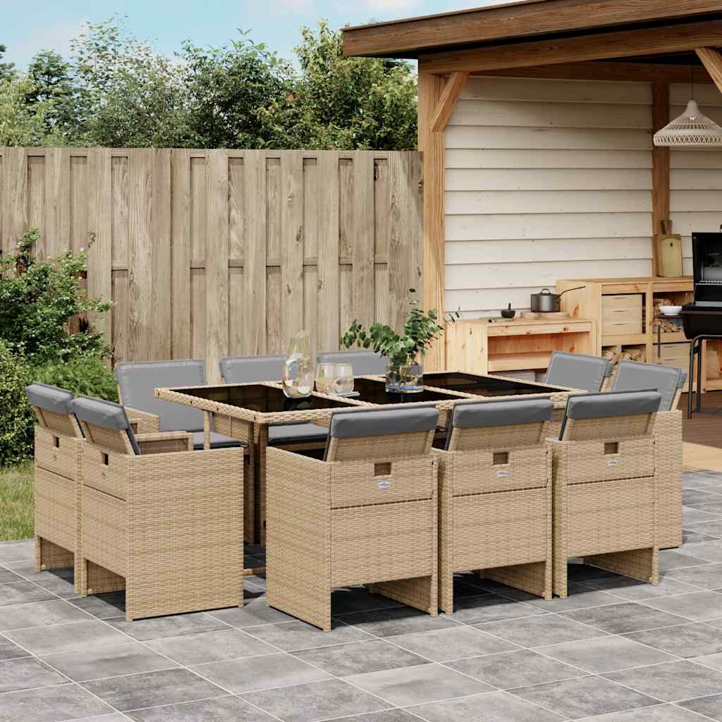 JUNG Vida 11-tlg. Garten-Essgruppe mit Kissen Beigemischung Poly Rattan