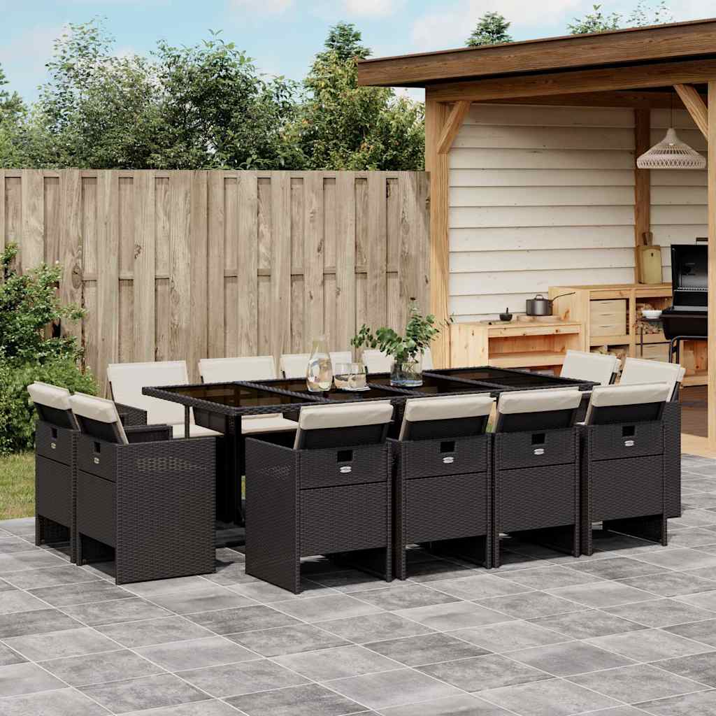 JUNG Vida 13-tlg. Garten-Essgruppe mit Kissen Schwarz Poly Rattan