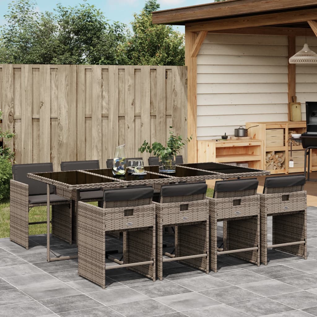 JUNG Vida 9-tlg. Garten-Essgruppe mit Kissen Grau Poly Rattan