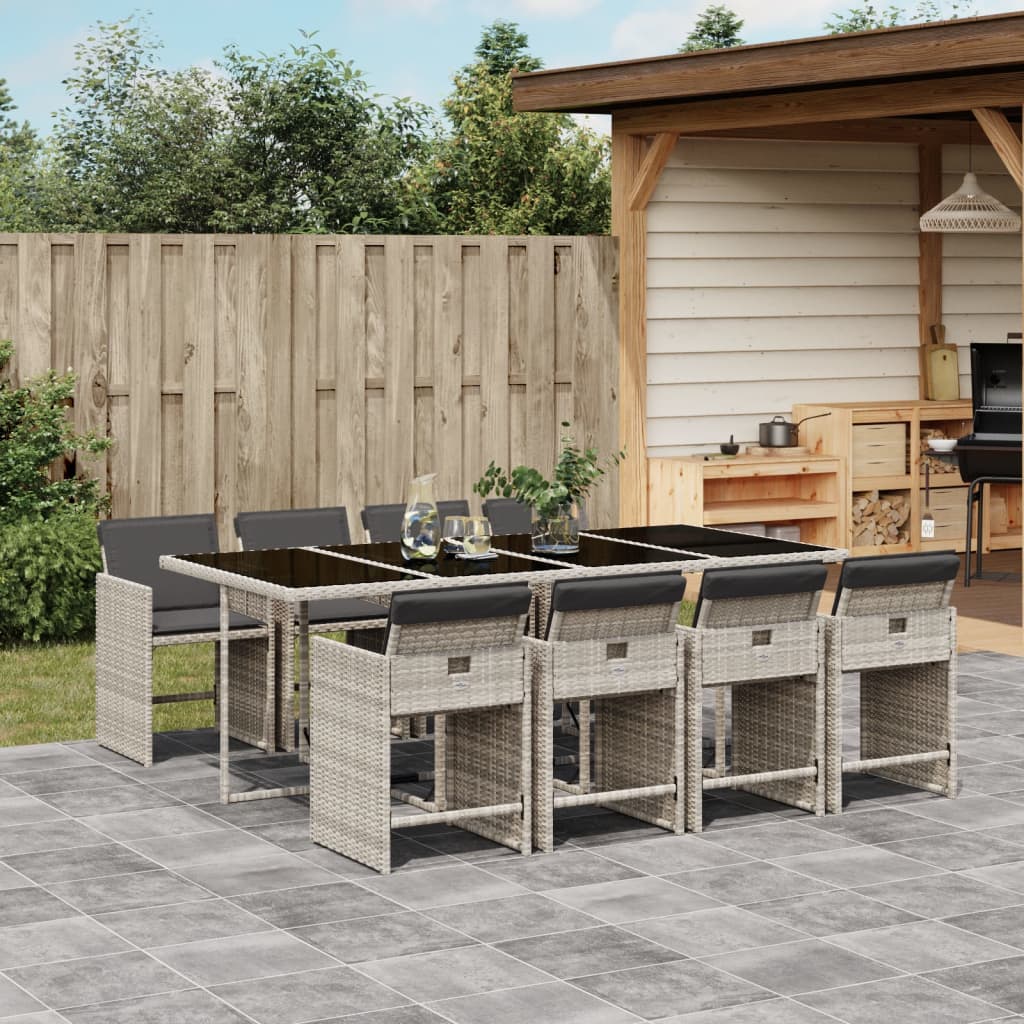 JUNG Vida 9-tlg. Garten-Essgruppe mit Kissen Hellgrau Poly Rattan