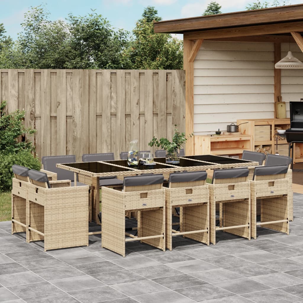 JUNG Vida 13-tlg. Garten-Essgruppe mit Kissen Beigemischung Poly Rattan