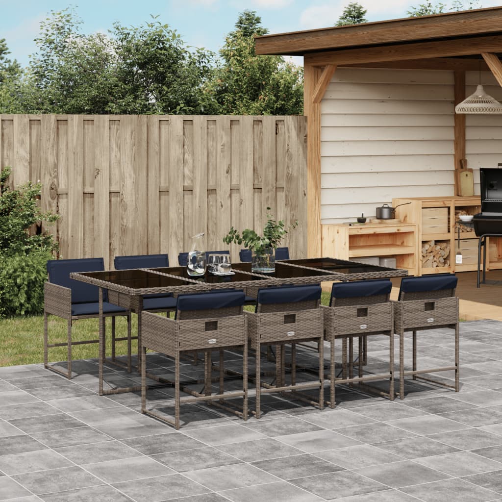 JUNG Vida 9-teiliges Garten-Ess-Set mit Kissen, grau, Polyrattan