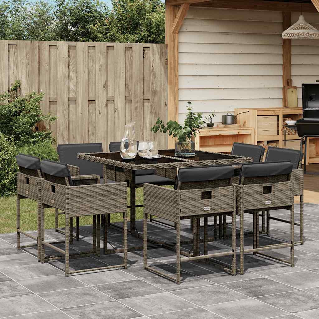 JUNG Vida 9-tlg. Garten-Essgruppe mit Kissen Grau Poly Rattan