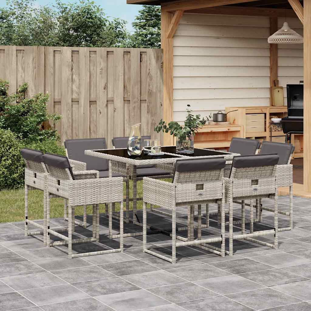 JUNG Vida 9-tlg. Garten-Essgruppe mit Kissen Hellgrau Poly Rattan