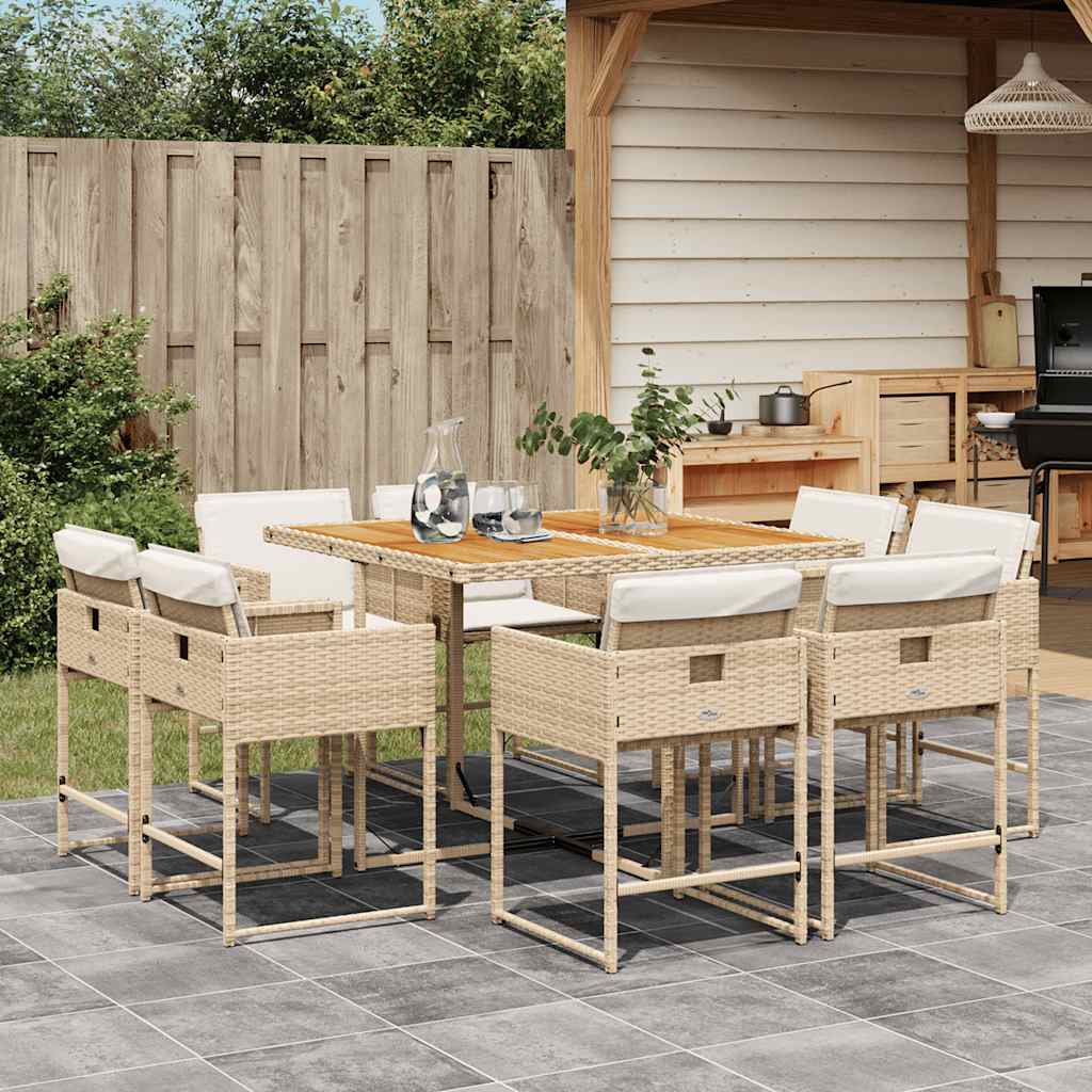 JUNG Vida 9-tlg. Garten-Essgruppe mit Kissen Beige Poly Rattan
