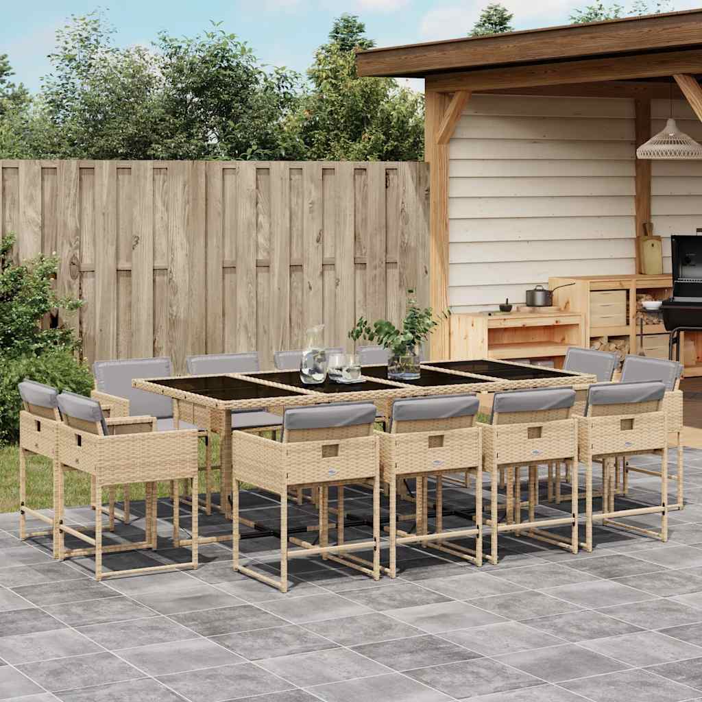 JUNG Vida 13-tlg. Garten-Essgruppe mit Kissen Beigemischung Poly Rattan