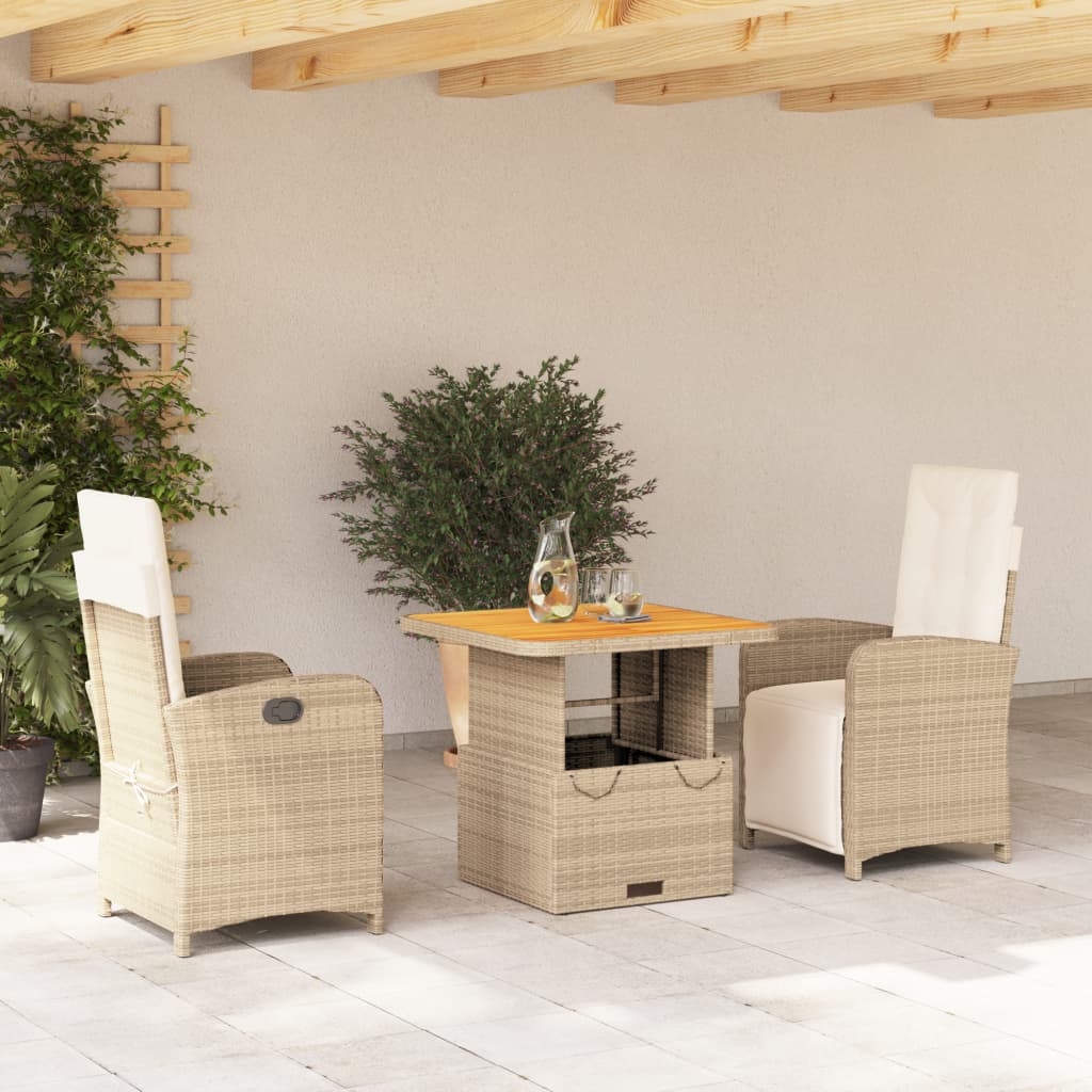 JUNG Vida 3-tlg. Garten-Essgruppe mit Kissen Beige Poly Rattan