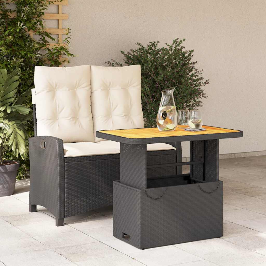 JUNG Vida 2-tlg. Garten-Essgruppe mit Kissen Schwarz Poly Rattan