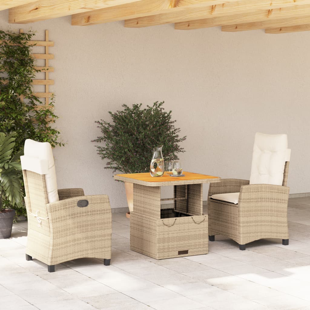 JUNG Vida 3-tlg. Garten-Essgruppe mit Kissen Beige Poly Rattan