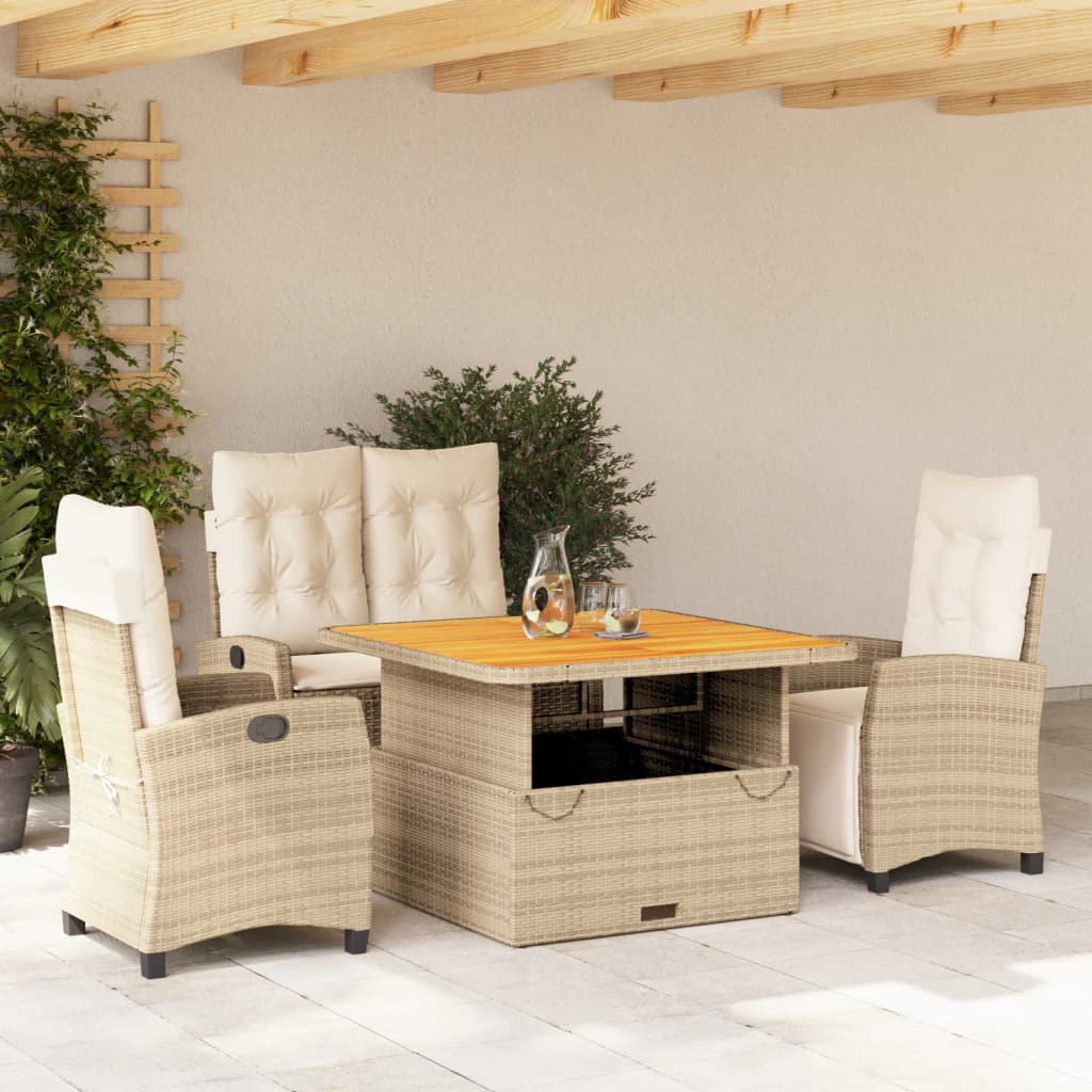 JUNG Vida 4-tlg. Garten-Essgruppe mit Kissen Beige Poly Rattan