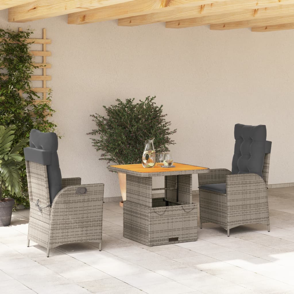 JUNG Vida 3-tlg. Garten-Essgruppe mit Kissen Grau Poly Rattan