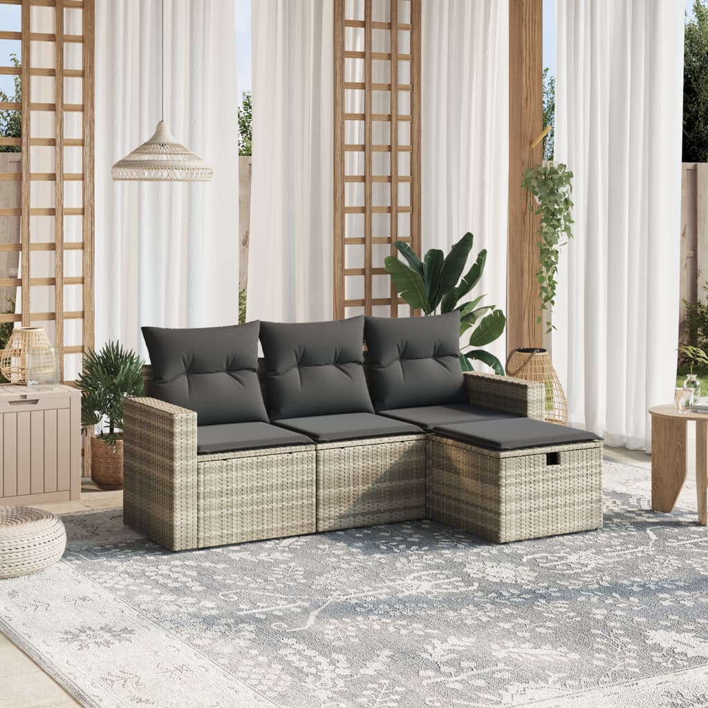 JUNG Vida 4-tlg. Garten-Sofagarnitur mit Kissen Hellgrau Poly Rattan