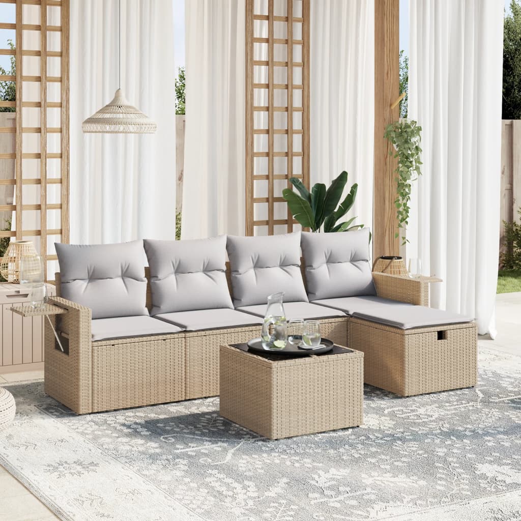 JUNG Vida 6-tlg. Garten-Sofagarnitur mit Kissen Beige Poly Rattan