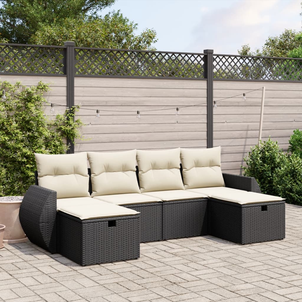 JUNG Vida 6-tlg. Garten-Sofagarnitur mit Kissen Schwarz Poly Rattan