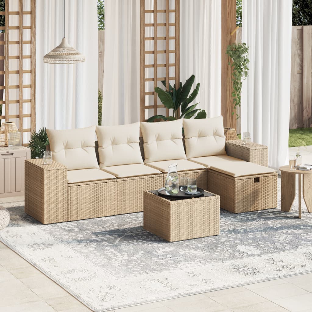JUNG Vida 6-tlg. Garten-Sofagarnitur mit Kissen Beige Poly Rattan