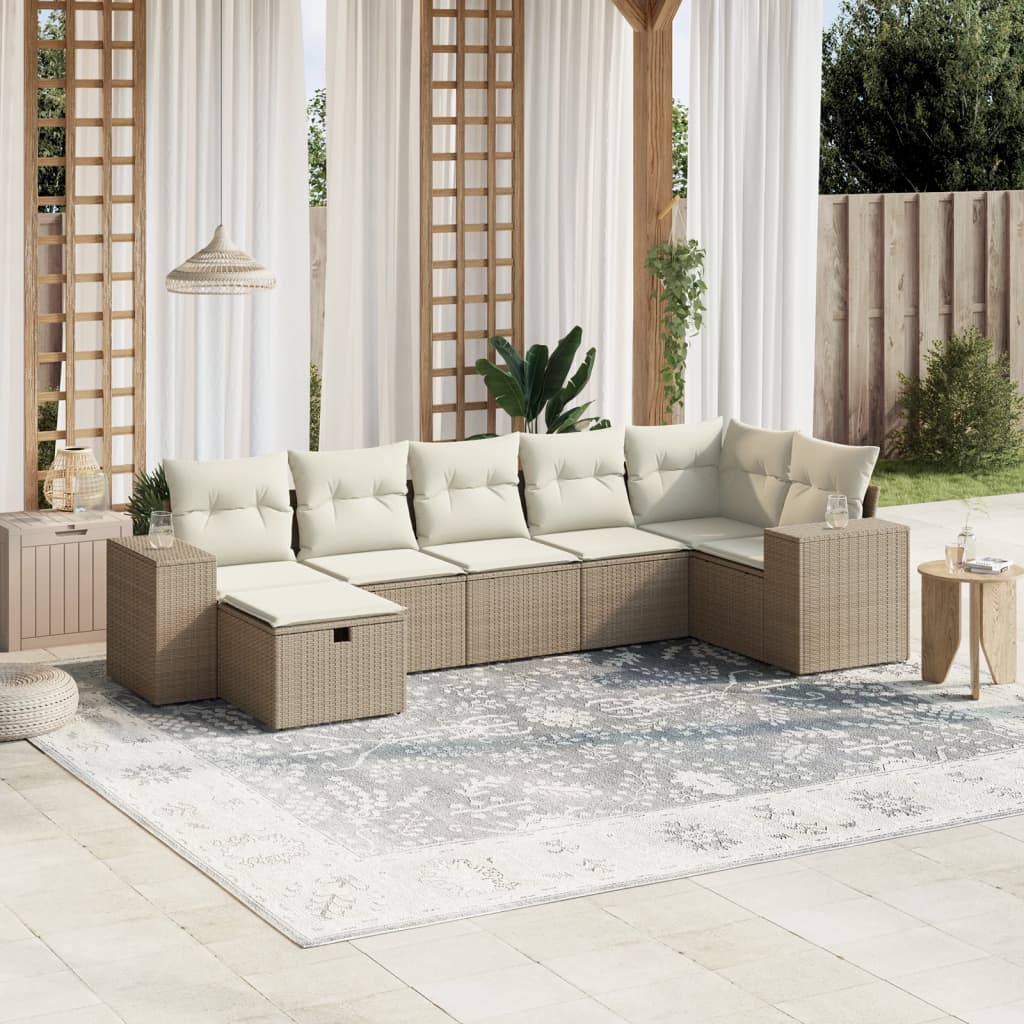 JUNG Vida 7-tlg. Garten-Sofagarnitur mit Kissen Beige Poly Rattan