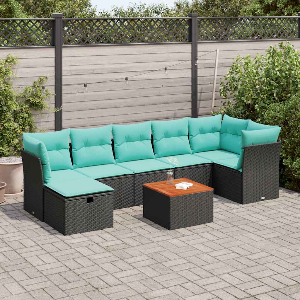 JUNG Vida 8-teiliges Gartensofa-Set mit Kissen, schwarzes Polyrattan