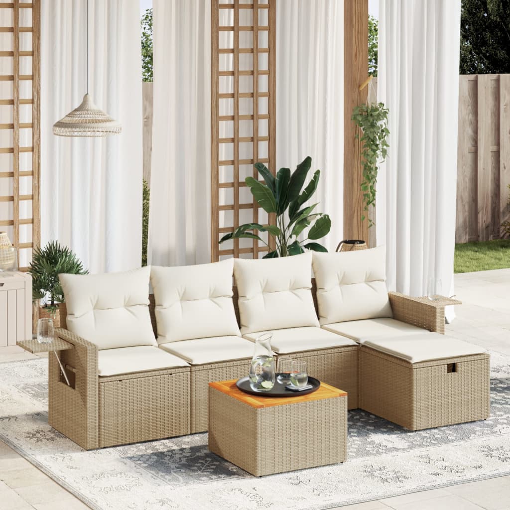JUNG Vida 6-tlg. Garten-Sofagarnitur mit Kissen Beige Poly Rattan