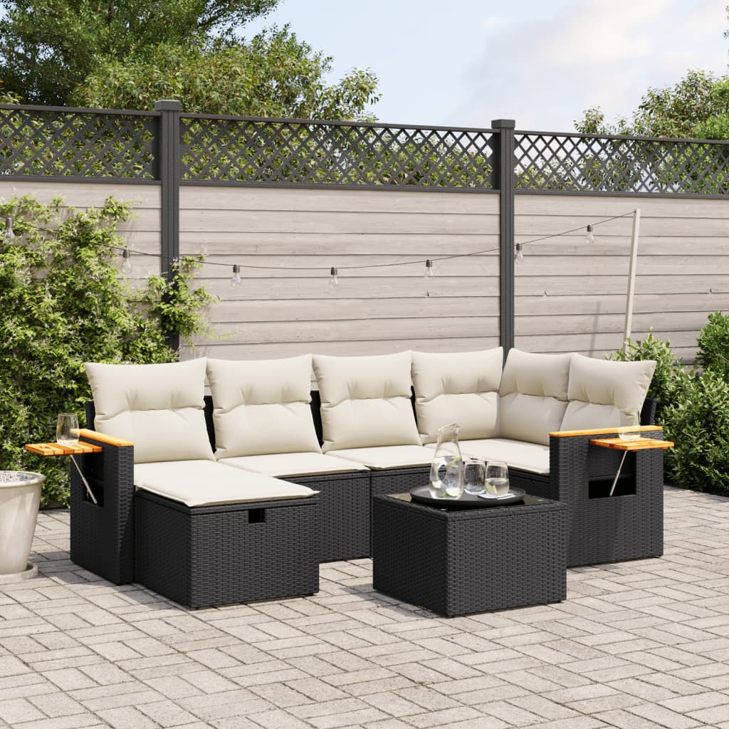 JUNG Vida 7-tlg. Garten-Sofagarnitur mit Kissen Schwarz Poly Rattan