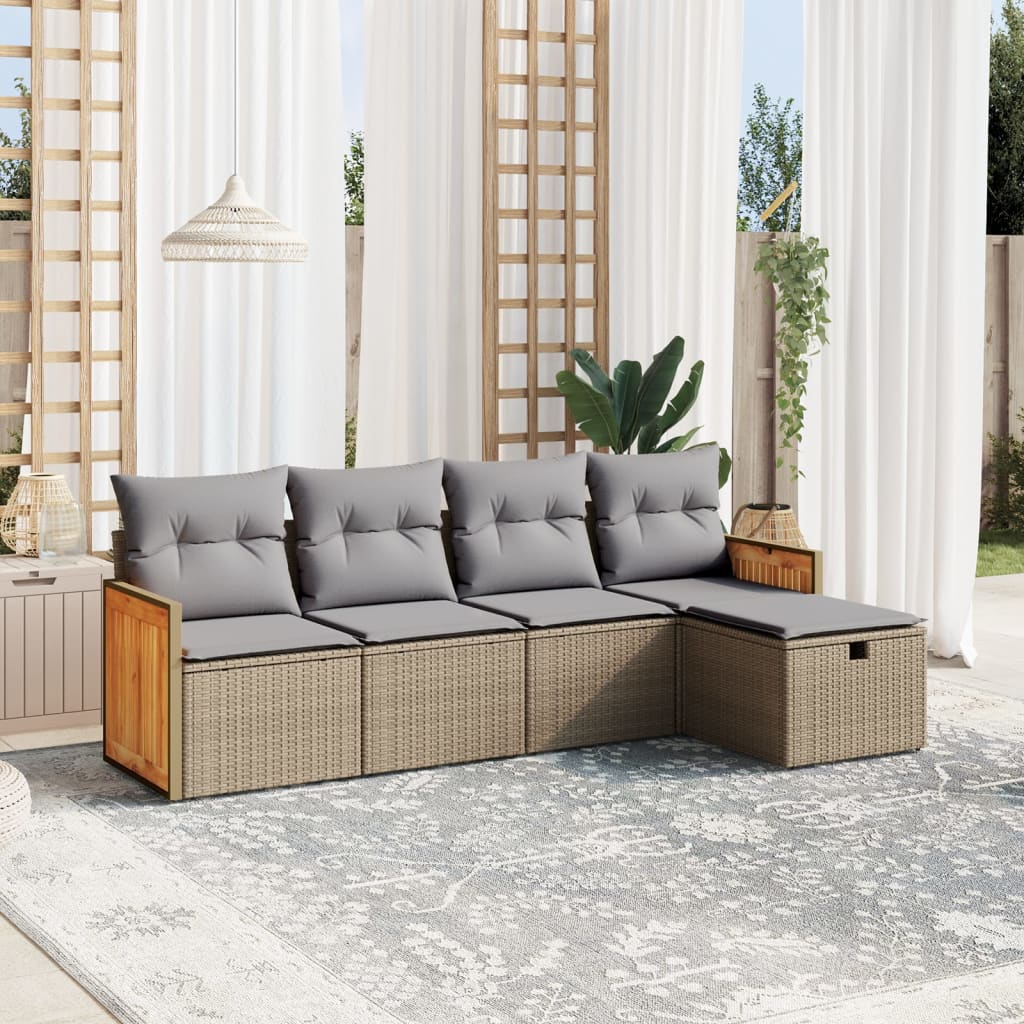 JUNG Vida 5-tlg. Garten-Sofagarnitur mit Kissen Beige Poly Rattan