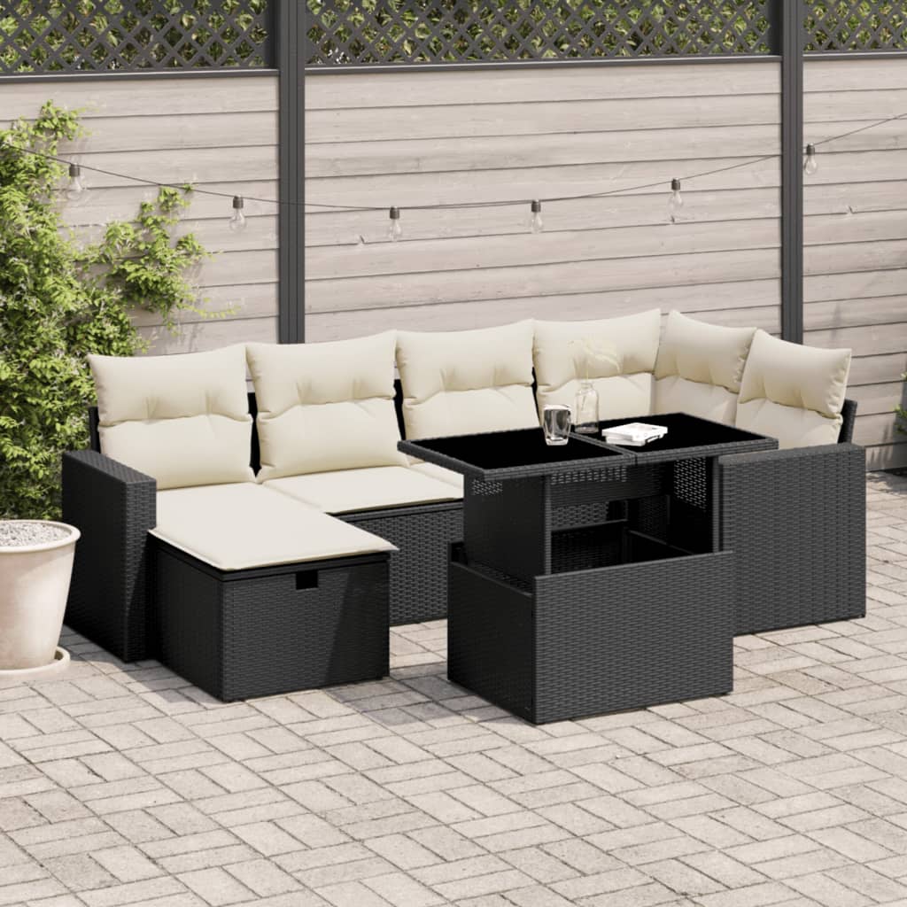 JUNG Vida 7-tlg. Garten-Sofagarnitur mit Kissen Schwarz Poly Rattan