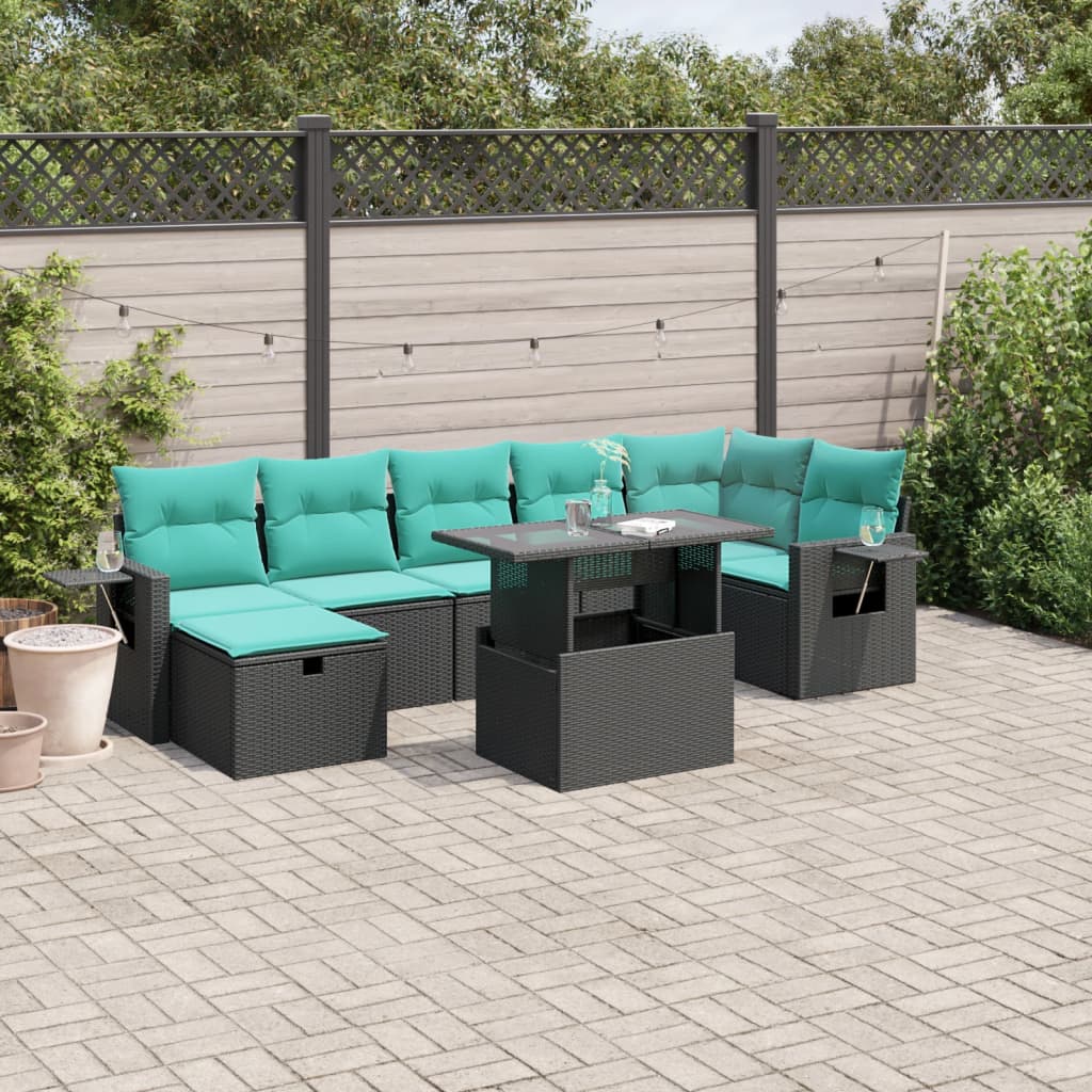 JUNG Vida 8-teiliges Gartensofa-Set mit Kissen, schwarzes Polyrattan