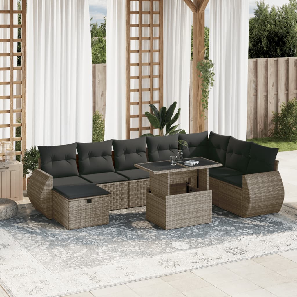 JUNG Vida 9-tlg. Garten-Sofagarnitur mit Kissen Grau Poly Rattan