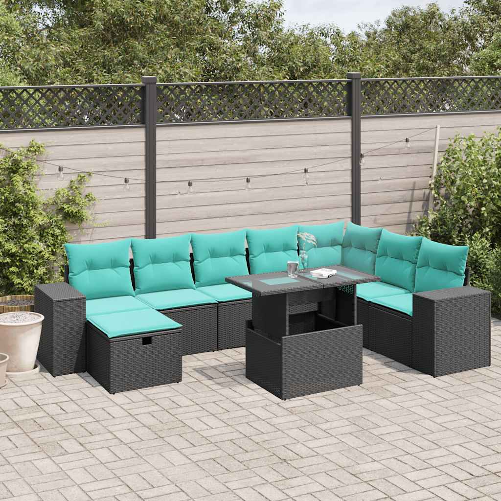 JUNG Vida 9-teiliges Gartensofa-Set mit Kissen, schwarzes Polyrattan
