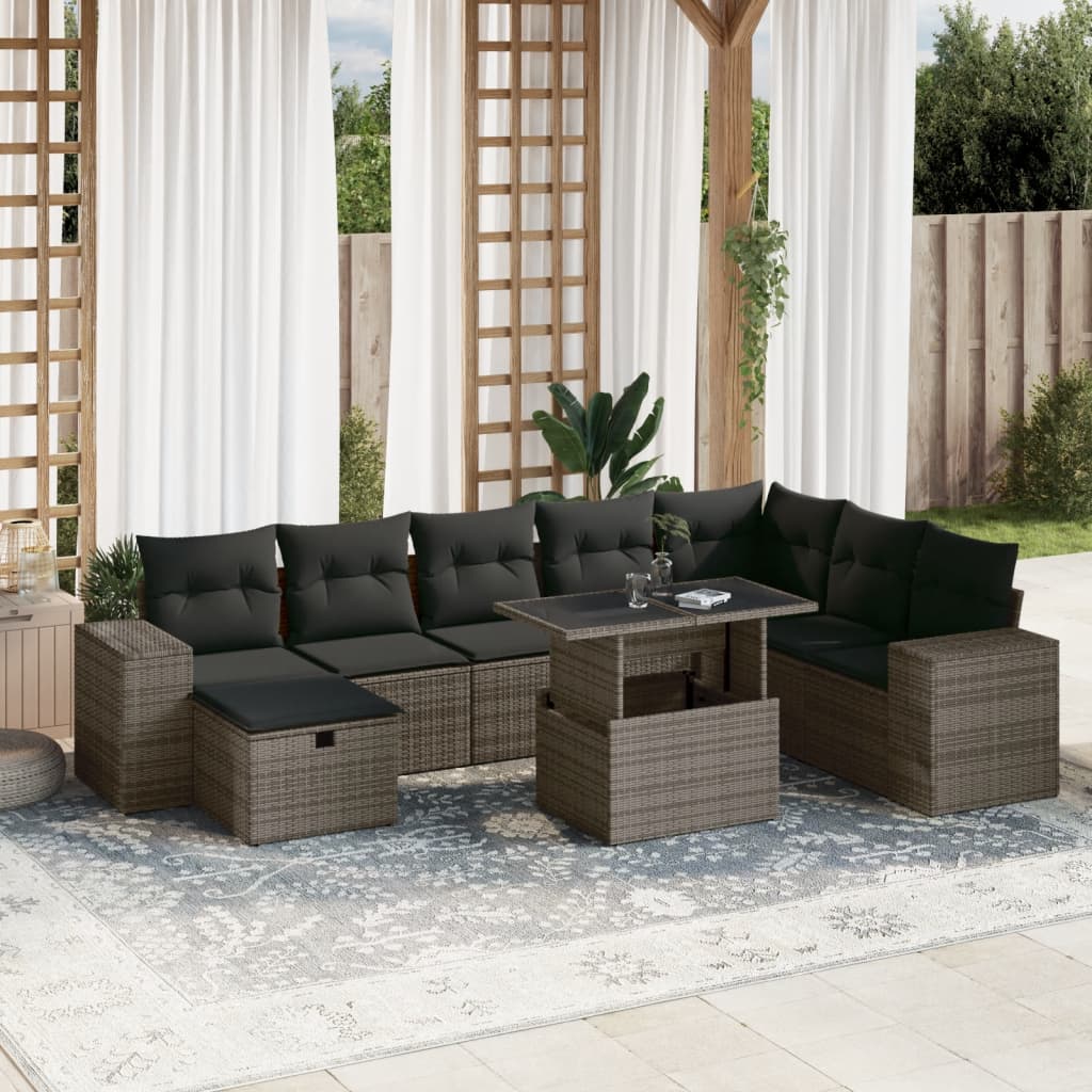 JUNG Vida 9-tlg. Garten-Sofagarnitur mit Kissen Grau Poly Rattan
